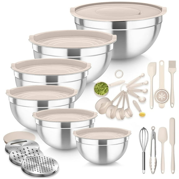 Mixing Bowls with Lids, 26Pcs Stainless Steel Bowls Set, Size 7, 4, 2.5, 2.0,1.5, 1QT, Great for Mixing & Serving,Beige