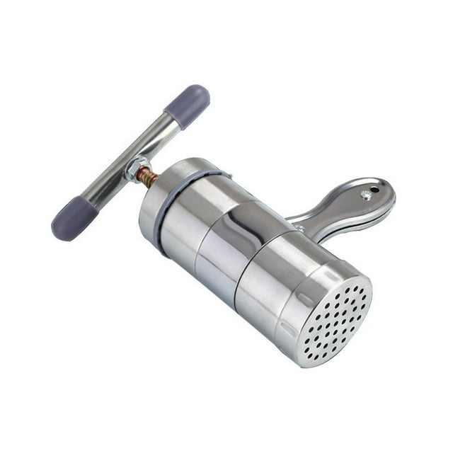 máquina para hacer fideos, prensa manual máquina para pasta prensa manual máquina para pasta prensa máquina para pasta funcionalidad inteligente Máquina para hacer fideos de acero inoxidable en vista 3/4 con manija en T y cuerpo cilíndrico; frente con moldes visibles con perforaciones redondas y una ranura rectangular para extruir pasta de ~1 mm, 2 mm, 3 mm y 2 x 6 mm; color acero, tamaño aproximado 13,7 x 6 cm, marca NikouMX; adecuada para uso doméstico y también usada para extruir pequeñas porciones de masa.