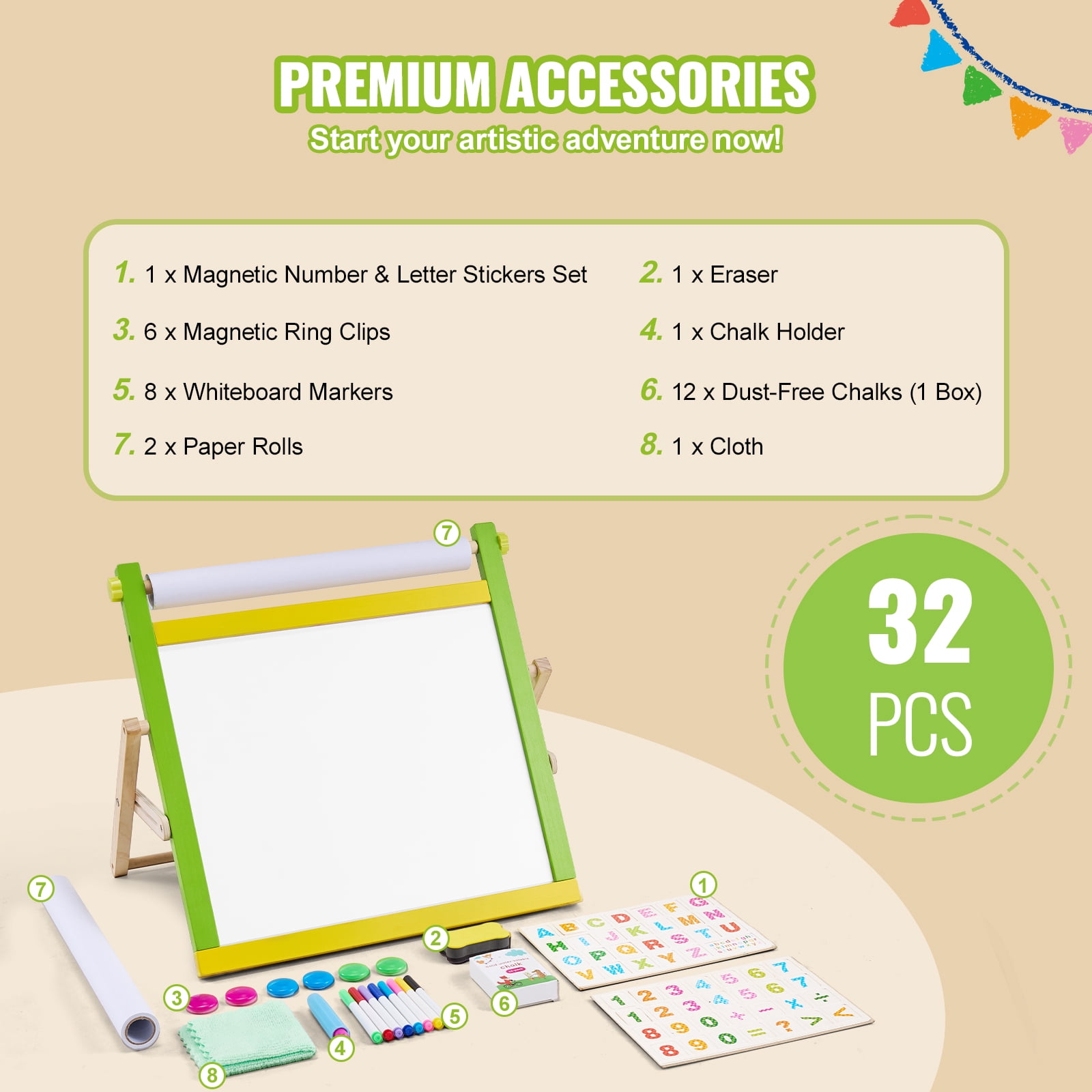 VEVOR Tabletop Art Easel for Kids, 3-in-1 Wooden Double-Sided Kides Art Easel with Magnetic Whiteboard, Chalkboard, Paper Roll, Foldable Portable Drawing Board with Painting Accessories