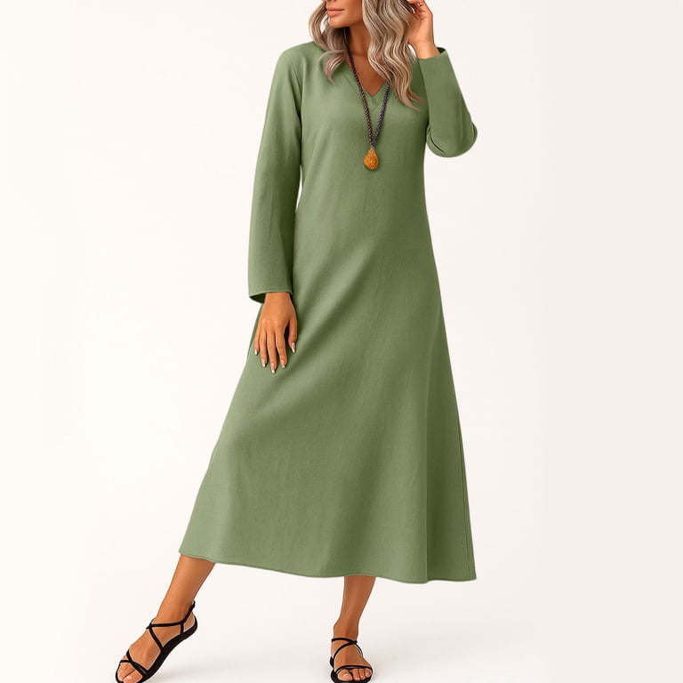 UoCefik Long Linen Dress for Women Fashion Flowy Sleeve Shift Dresses  Summer Fall V Neck Dress Trendy Casual Vacation Beach Sundress Army Green S  - Walmart.com