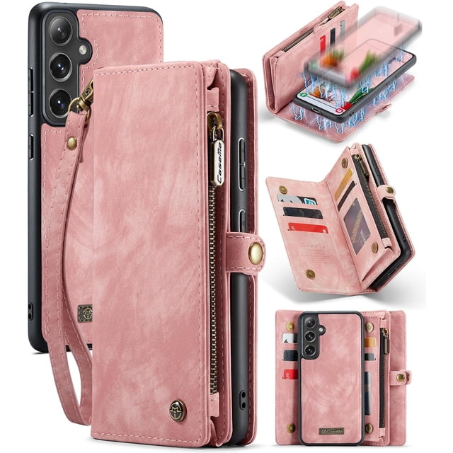 Wallet Case for Samsung Galaxy S24, Zipper Purse Folio Leather Wallet with Card Holder Wrist Strap Detachable Magnetic Shockproof Protective Back Case for Samsung Galaxy S24