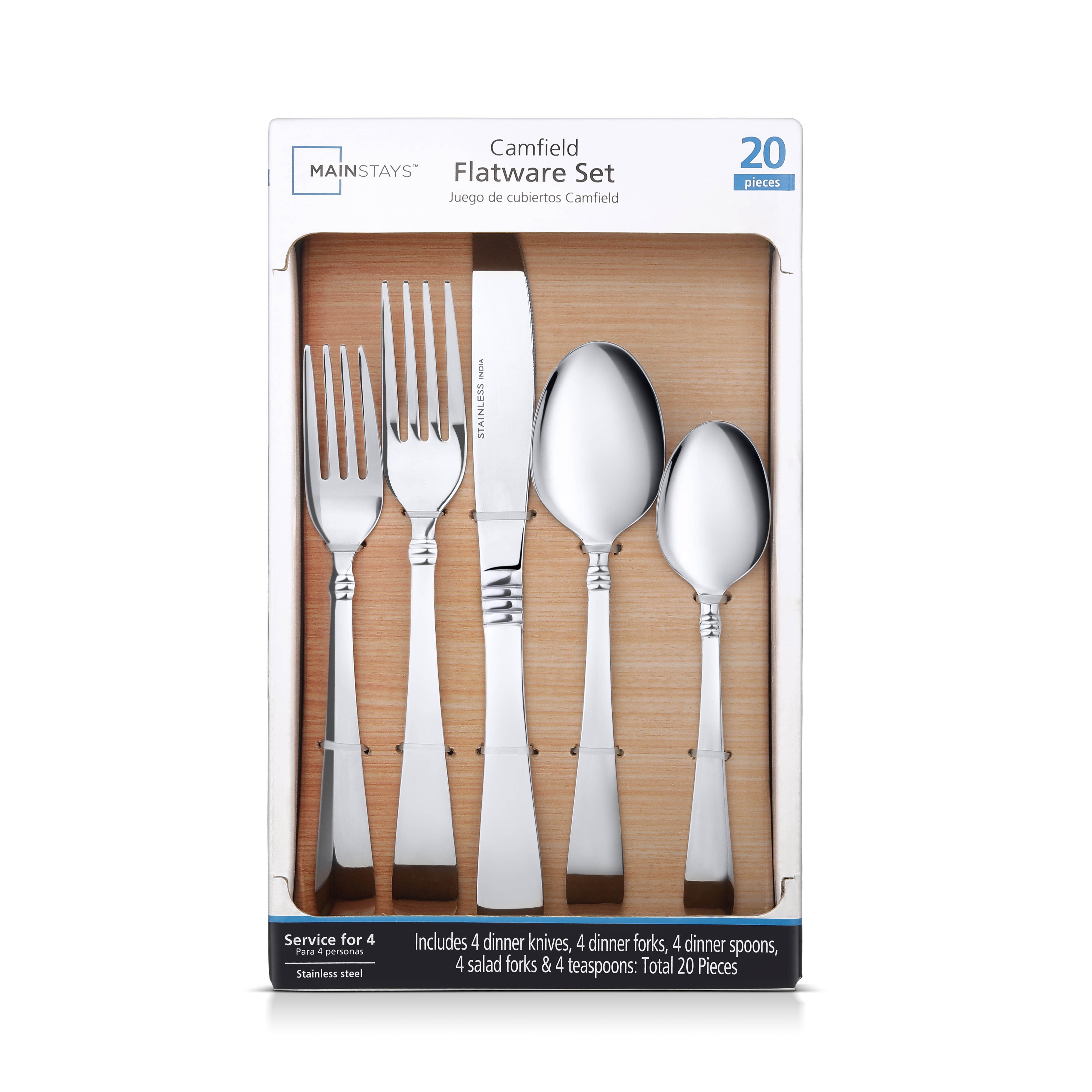 Mainstays Camfield 20-Piece Stainless Steel Flatware Set, Service for 4
