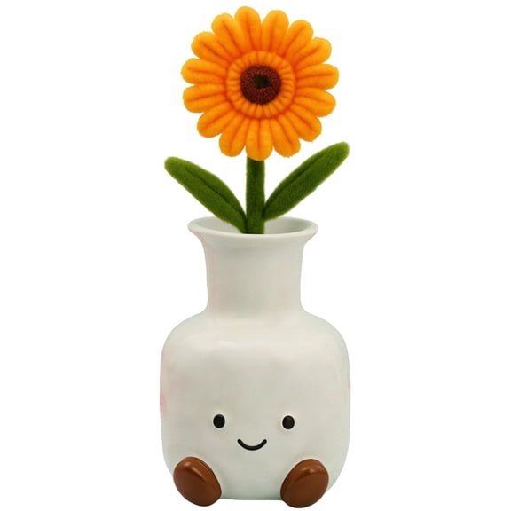 Cute Smile Face Vase with Faux Sunflower Set, White Ceramic Flower Vase, Home Decor Vase Modern Decor Vase, Small Decorative Vase for Fresh Dried Flowers, Present for Friend