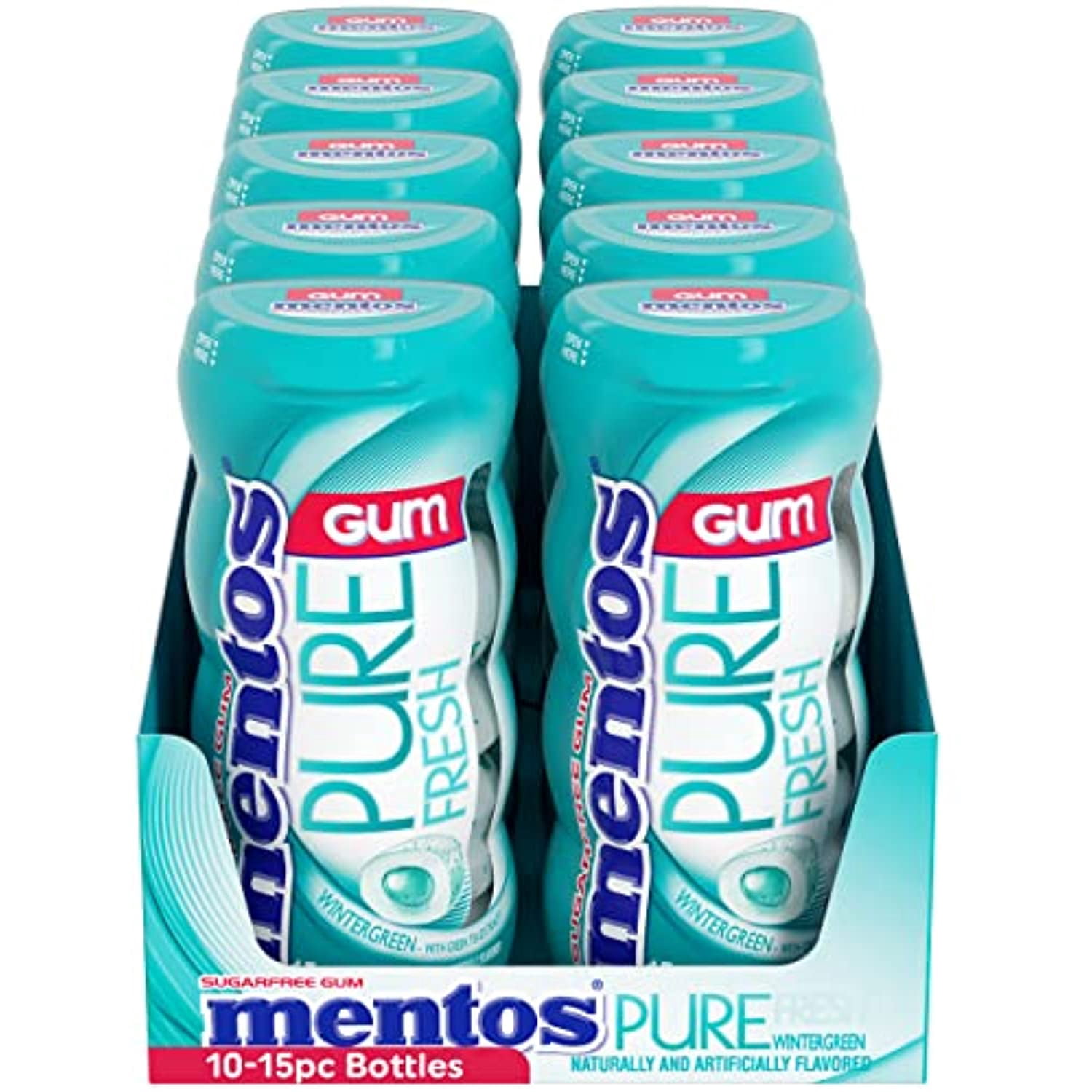 Mentos Pure Fresh Sugar-Free Chewing Gum With Xylitol, Wintergreen, 15 Piece Bottle (Bulk Pack Of 10)