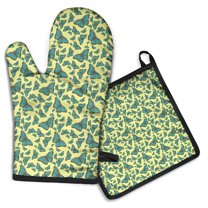 Yellow Blue Butterfly Pattern Kitchen Oven Mitt and Pot Holder Sets 4 Pcs for Baking, Cooking and Grilling, Heat Resistant Up To 392 °F