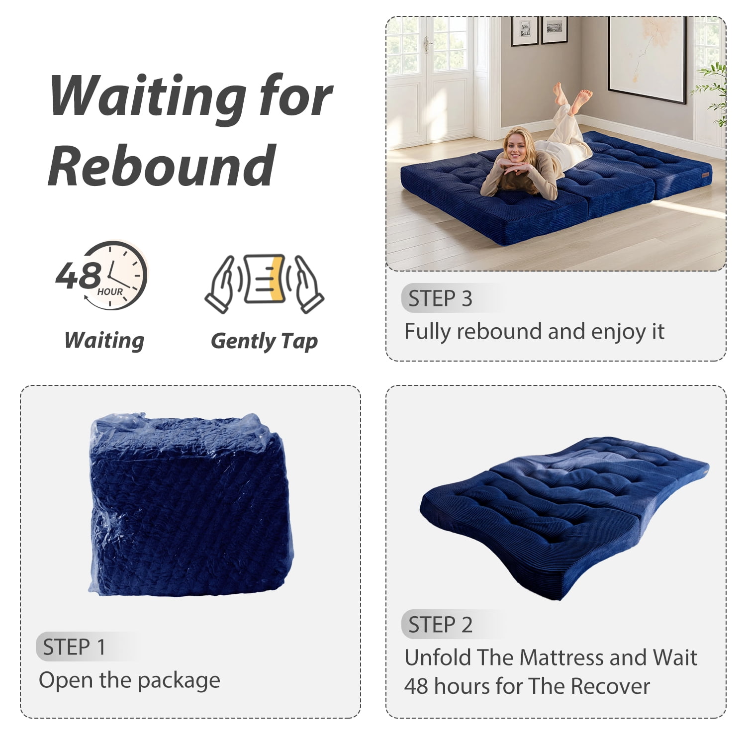 BYBYME 6 inch Tri-Fold Mattress,Corduroy Folding Mattress Made of a Whole Foam,Memory Foam Mattress Topper Perfect for Sleeping,Camping,Twin,Navy