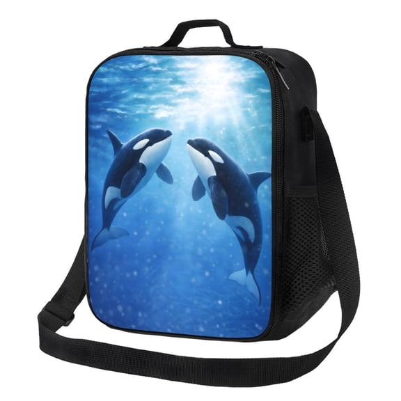 Orca Whale Ocean Scene Lunch Bag Insulated Thermal Box with Shoulder Strap & Handle for Work and Picnic