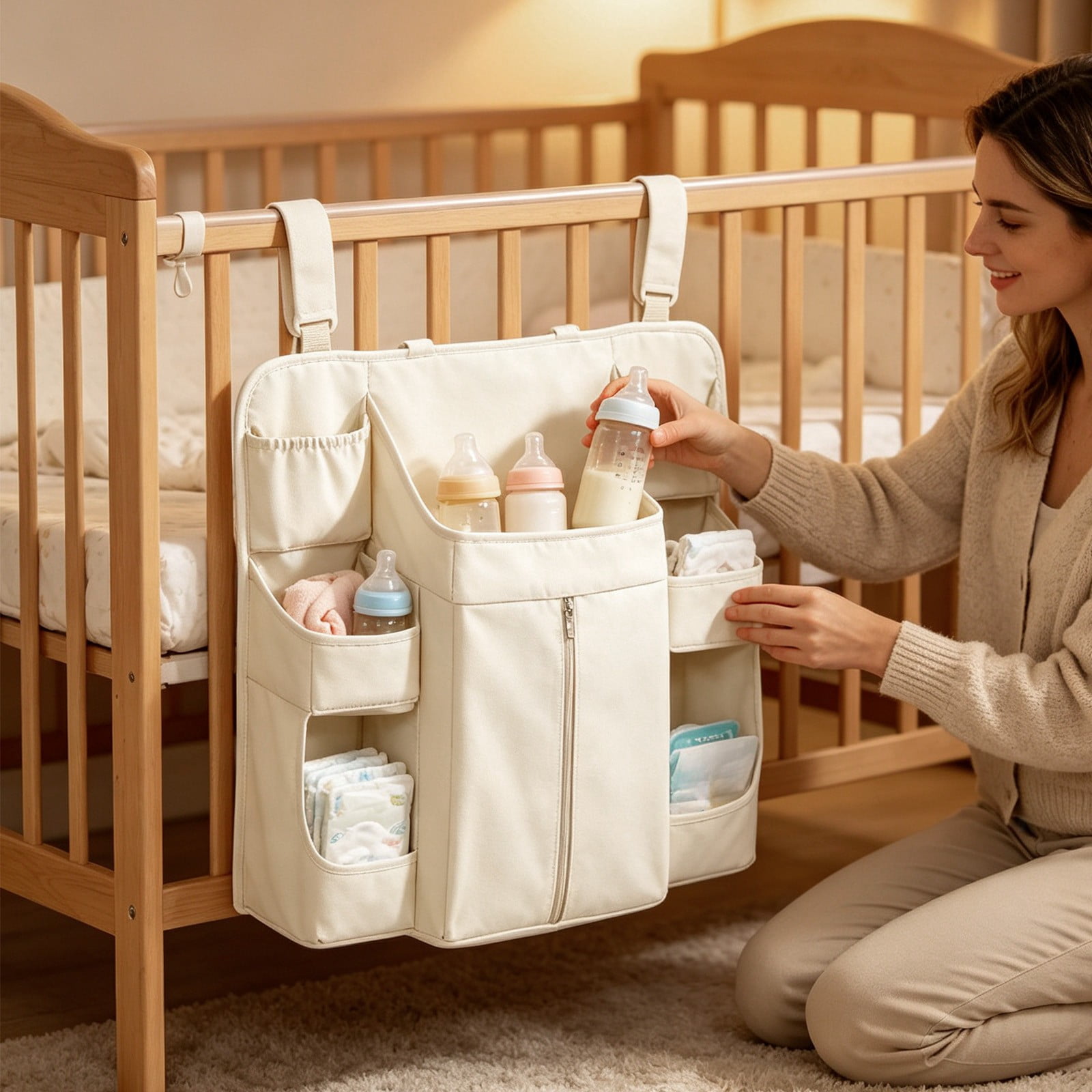 Crib Hanging Storage Bag, Large Capacity Layered Pockets, Waterproof Oxford Fabric, Drill Free Installation, Washable Nursery Organizer for Diaper Storage, Baby Essentials and Bedroom Tidying