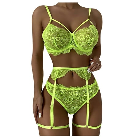 

DENGDENG Women strappy 3 Piece Solid Lingerie Set with Garter Sexy Eyelash Lace Plus Size Push Up Teddy Bodysuit