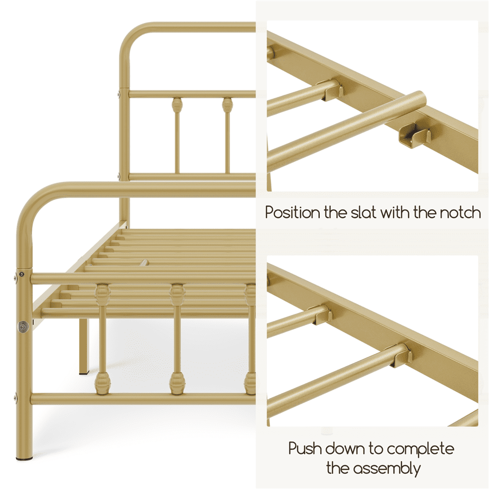 Alden Design Full Size Metal Platform Bed Frame with High Headboard, All Ages, Antique Gold