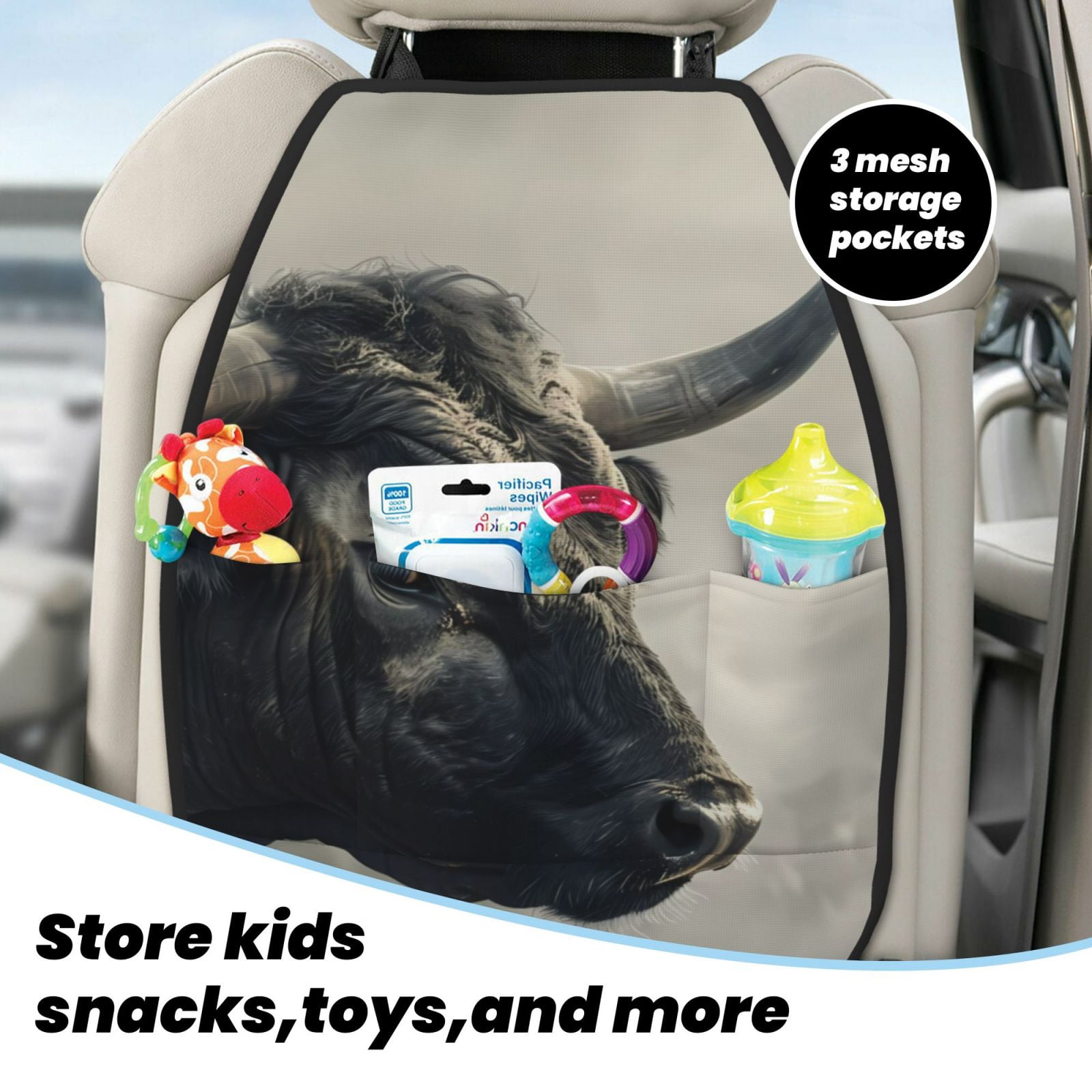 Xecao Mystical Bull in Fog Pattern Car Seat Back Protector 2 Pack Large Capacity Pocket, Kick Mats Back Seat Protector