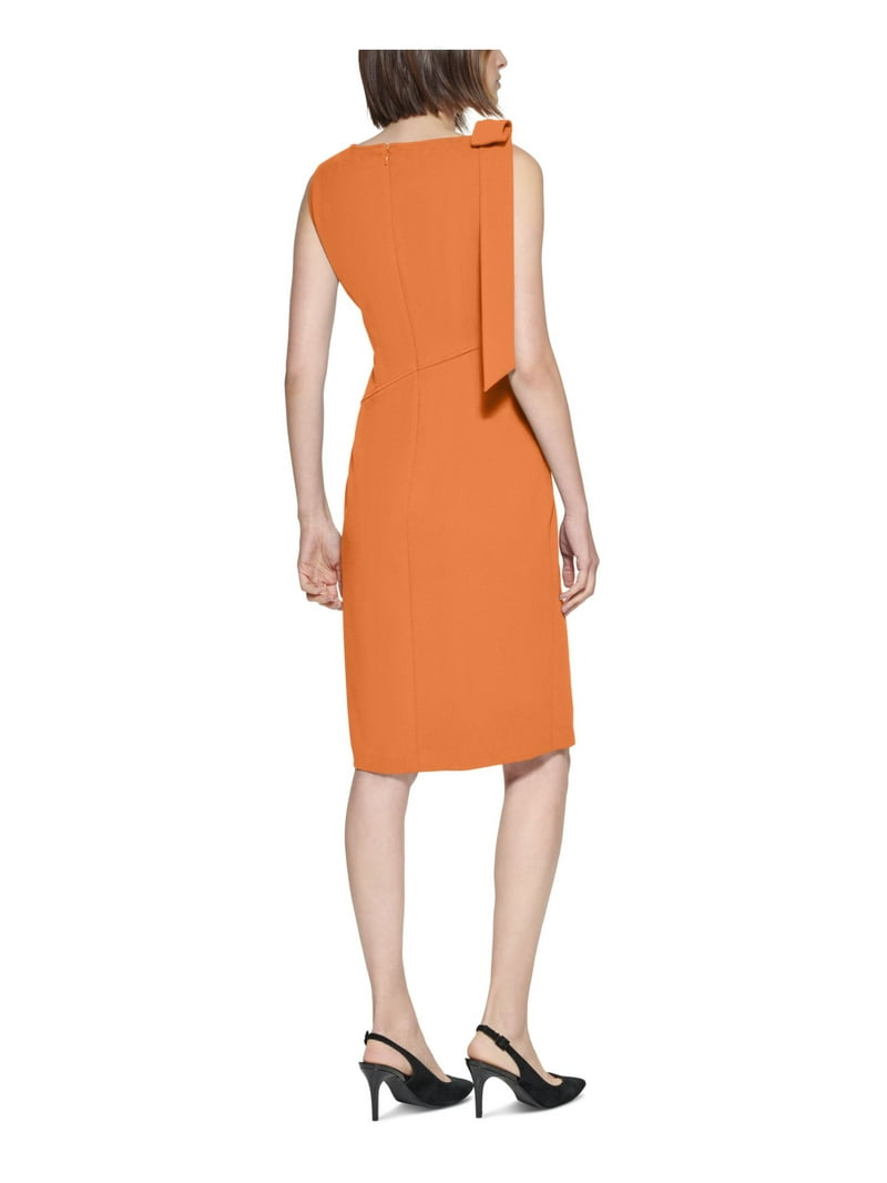 Calvin Klein Womens Orange Stretch Zippered Slitted Scuba Crepe Shoulder Bow Sleeveless Asymmetrical Neckline Above The Knee Wear to Work Sheath Dress