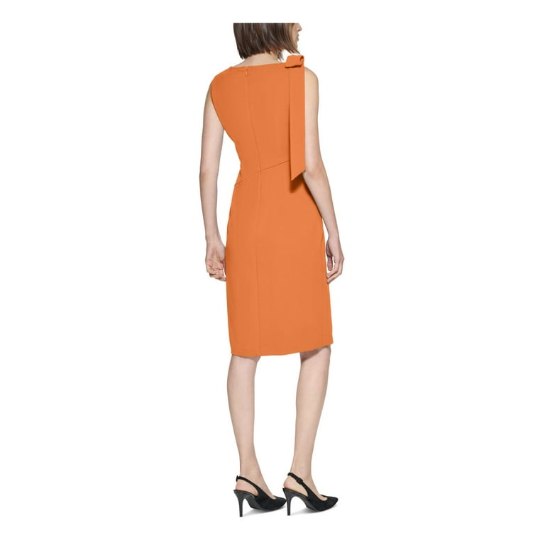 CALVIN KLEIN Womens Orange Stretch Zippered Slitted Scuba Crepe Shoulder Bow Sleeveless Asymmetrical Neckline Above The Knee Wear To Work Sheath Dress Petites 6P Walmart