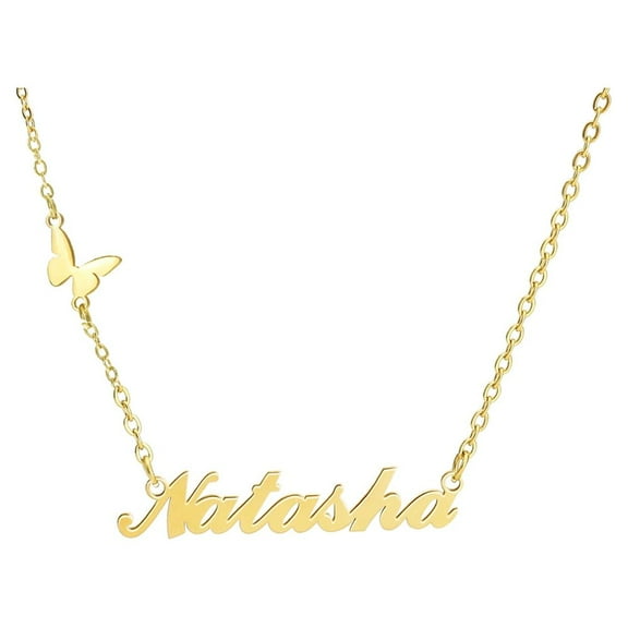 Personalized Name Necklace with Butterfly, 18K Gold Plated Stainless Steel Custom Nameplate Pendant Necklaces, Cross Chain, 6 Chain Length Options