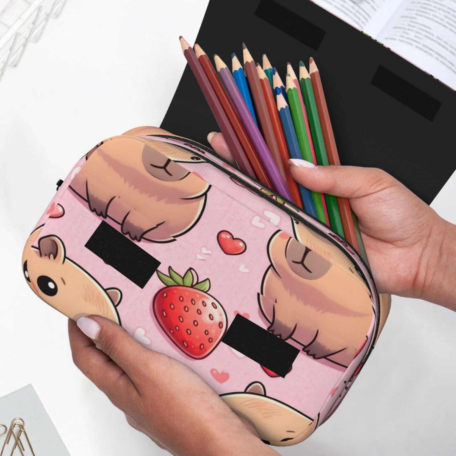 Large-Capacity Flip-Top Double-Layer Pencil Case, Multi-Functional Pocket Pen Case, Durable Stationery Organizer Pusheen Capybara Pattern 4
