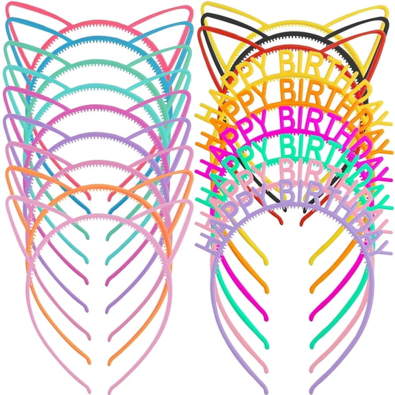 18PCS Plastic Cat Ear Headbands Candy Happy Birthday Skinny Hair Bands Clasps  for Birthday Party Decoration