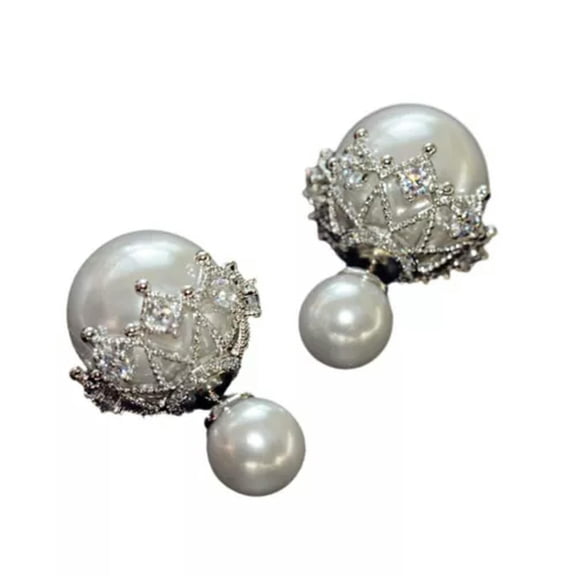 QQTDFG Stud Earrings Double-Sided Pearl Earrings Lace Crown Hollow Earrings Female-white