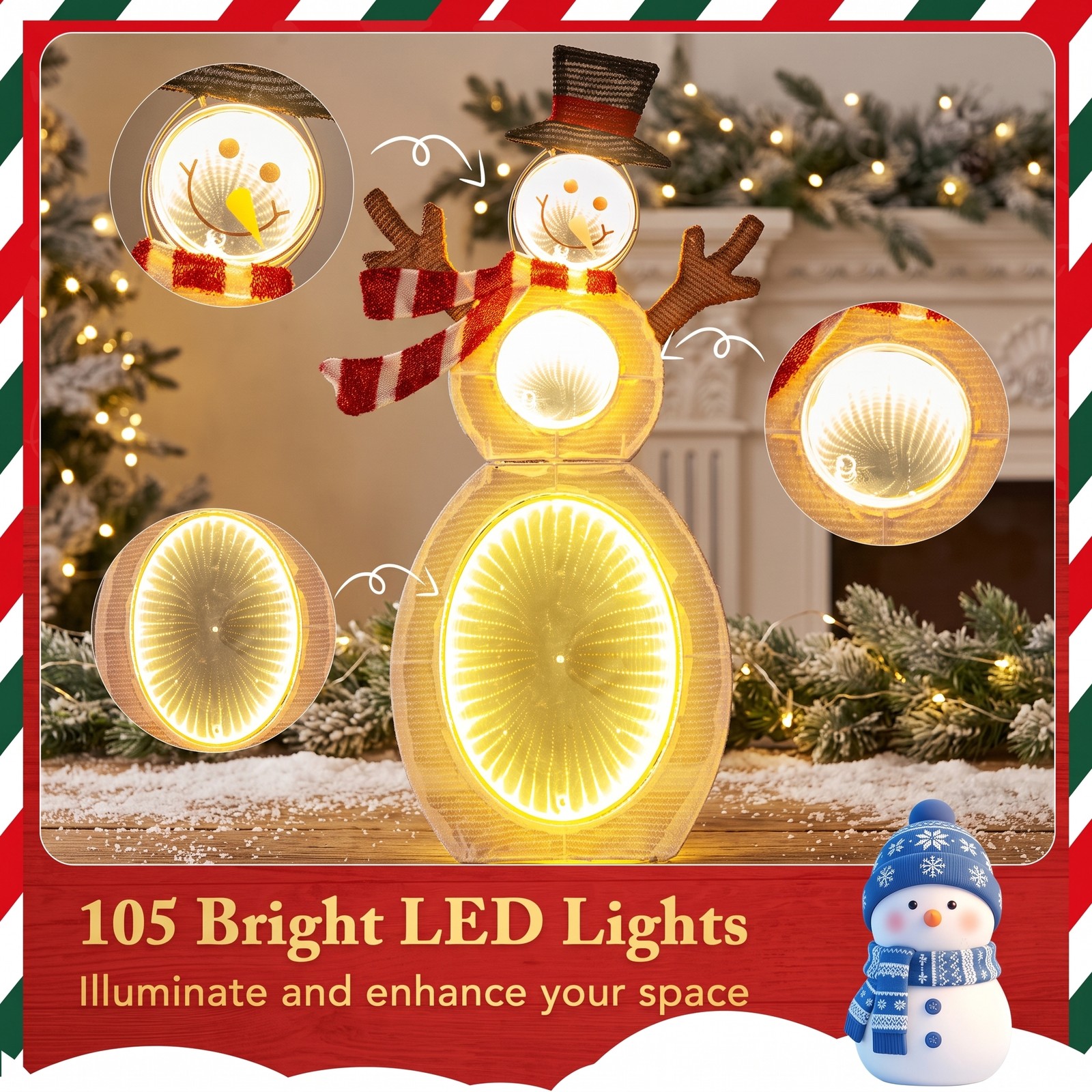 RUIE 2.6 Feet Lighted Snowman Christmas Decoration with 105 LED Lights and Metal Stand for Outdoor Yard Porch Holiday Display, Multicolor