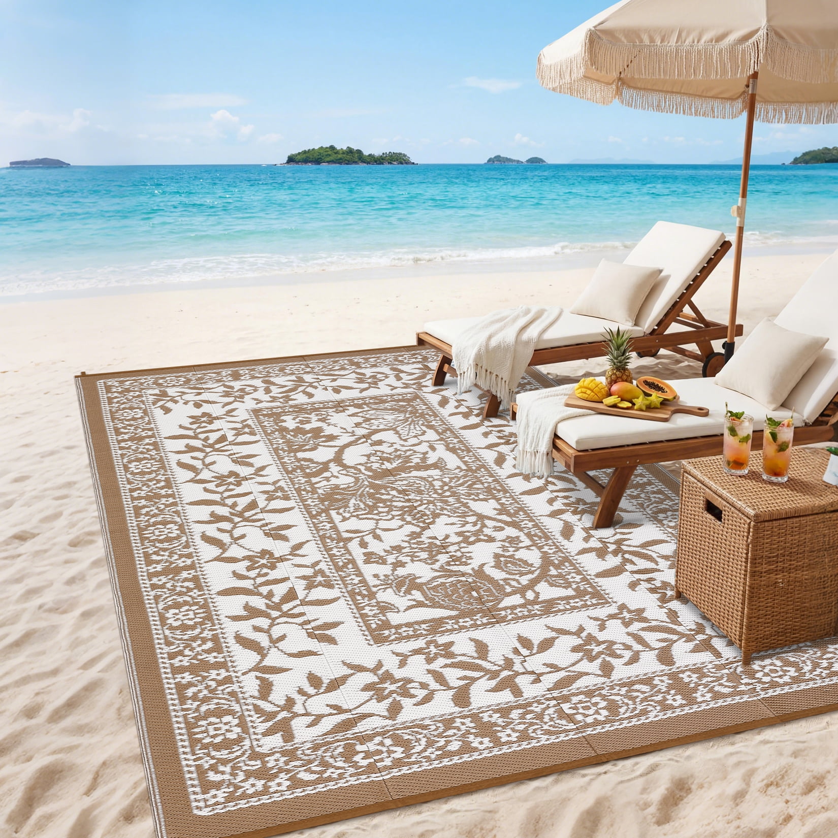 Outdoor Rug, Patio Waterproof, Reversible Plastic Straw Camping Rug, Botanical Grove Vintage Cottage core Outdoor Mat for RV, Deck, Picnic, Beach