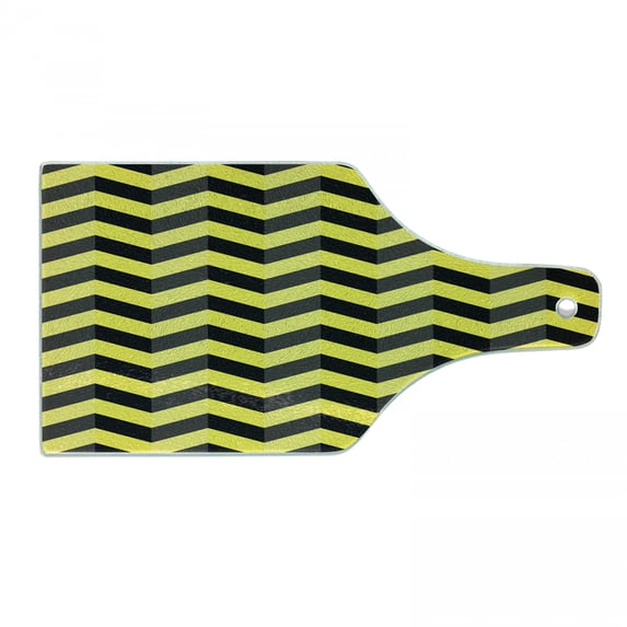 Yellow Chevron Cutting Board, Black and Yellow Chevron Pattern Danger Hazard Warning Sign Stripes Zigzag, Tempered Glass Cutting and Serving Board, Wine Bottle Shape, Black Yellow, by Ambesonne