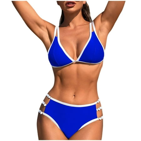 TrendVibe365 Bikinis for Women One Piece Blue 2 Piece Thong Bow-Tie Shoulder Straps V Neck with Padded Bra Bathing Suits Solid Swimwear Beachwear S