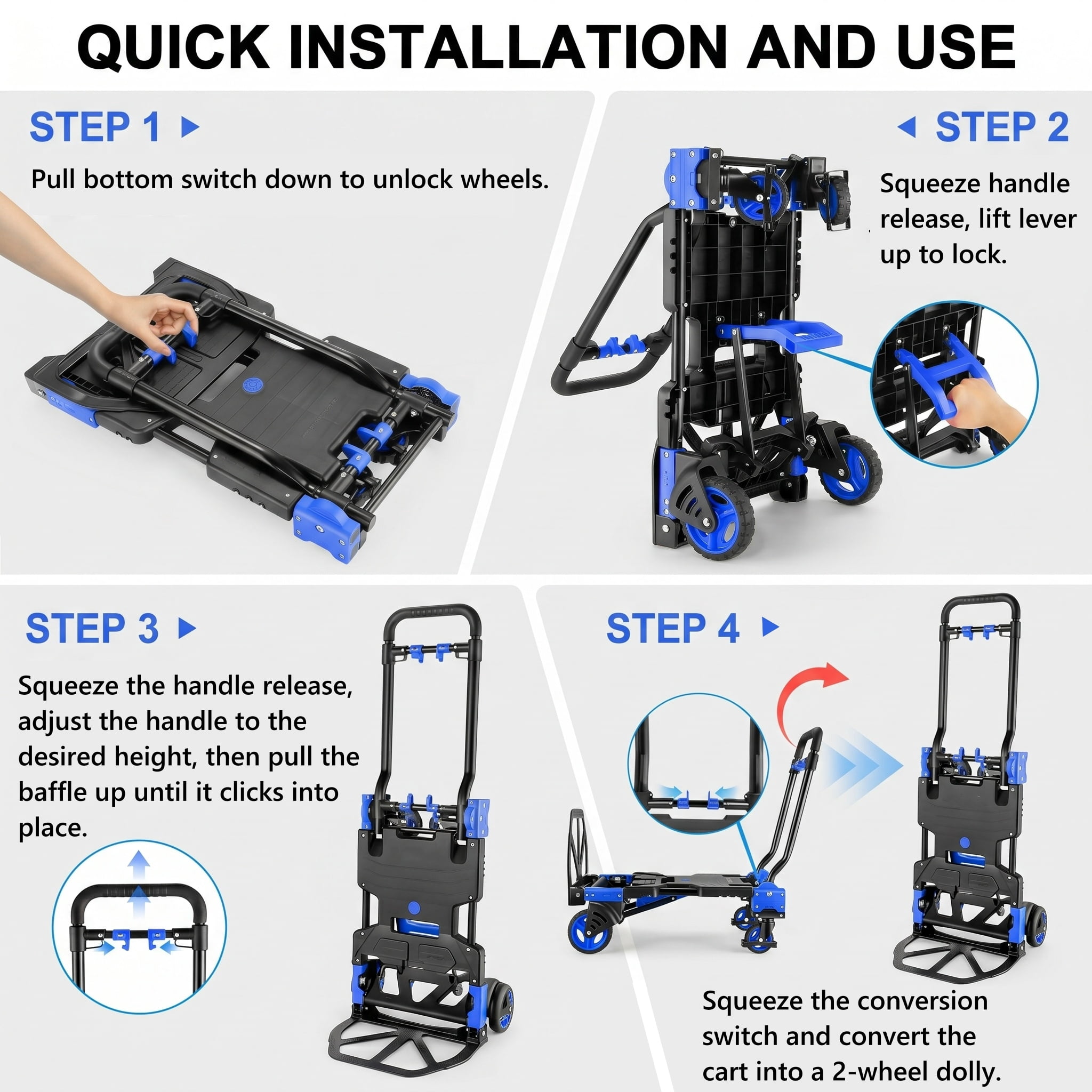 Adnoom 2-in-1 Portable Hand Truck with Retractable Handle & Storage Box, 300 lbs Folding Hand Cart Heavy Duty with 4 Wheels, Furniture Dolly for Moving, Blue