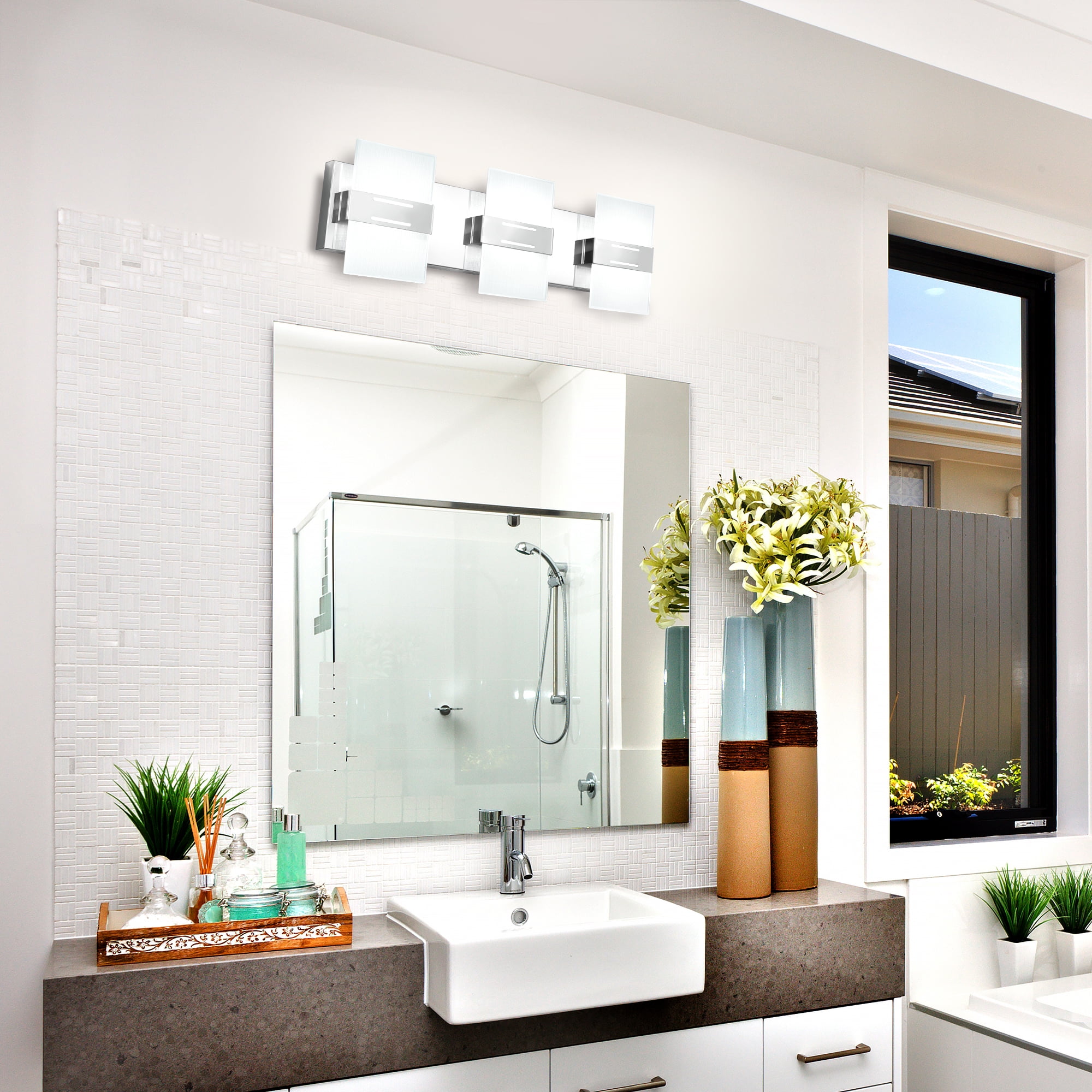 Auffel Bathroom Light Fixtures LED Chrome Vanity Lights for Bathroom Dimmable Wall Sconce 3000K/4500K/6000K Stainless Steel Glass Vanity Lighting Fixtures 3-Light Wall Light for Restroom 22 Inch