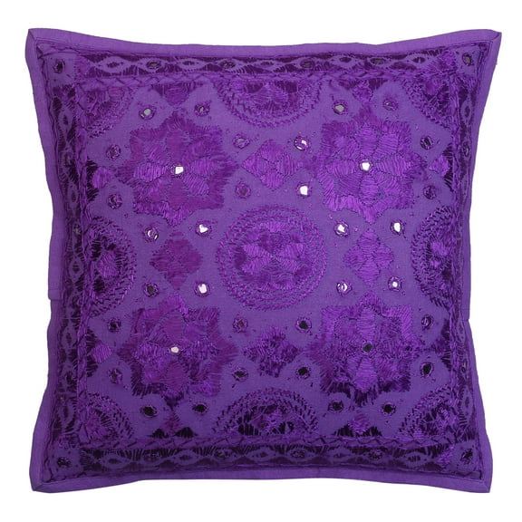 Stylo Culture Indian Chair Seat Throw Pillow Cover 16 x 16 Embroidered Purple Bohemian 40cm x 40cm Living Room Cotton Mirrored Square Cushion Cover | 1 Pc