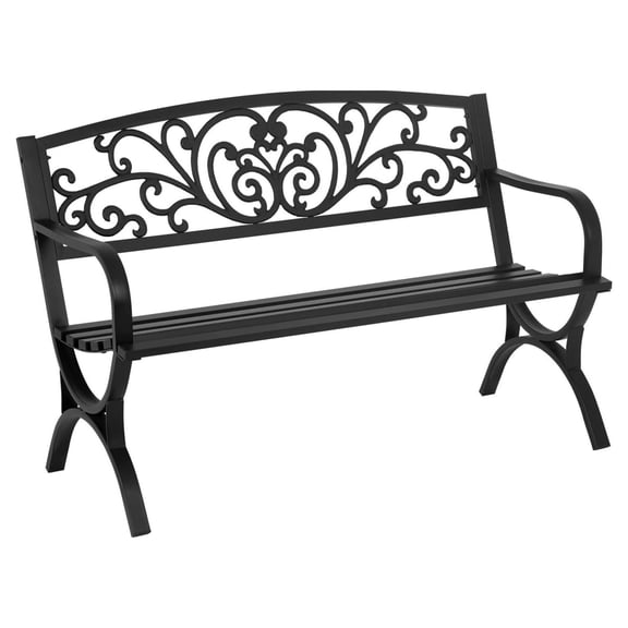 AetherLove Outdoor 50 Inches Garden Bench, Slatted Seat Armrests Floral Design Backres and Arch Legs, Perfect for Park, Yard, Porch, Lawn, Balcony, Backyard, Black