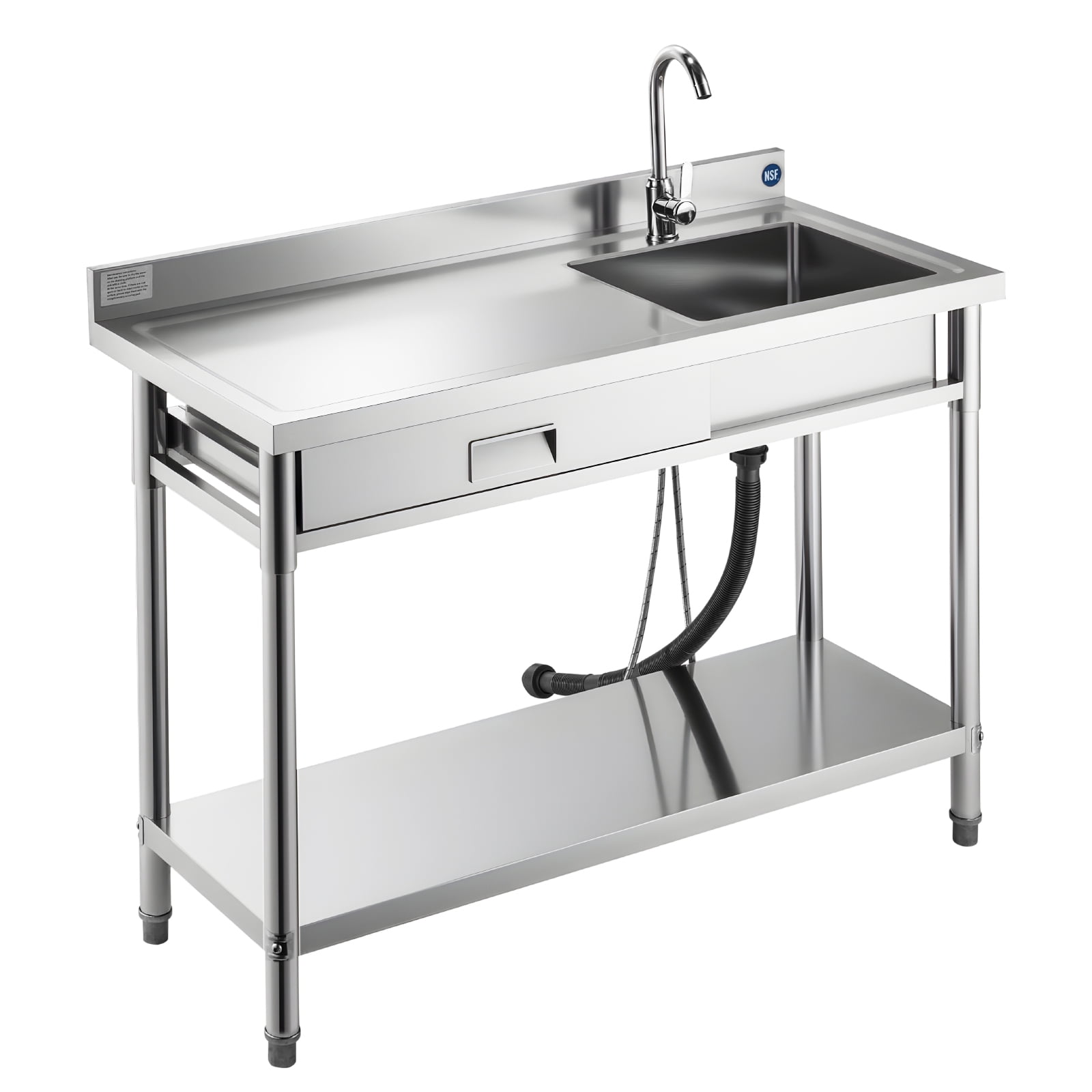 KFFKFF NSF-Certified Stainless Steel Utility Sink with 360° Rotating Faucet, Drawer, and Adjustable Storage Rack, 47 x 20 x 37 in.