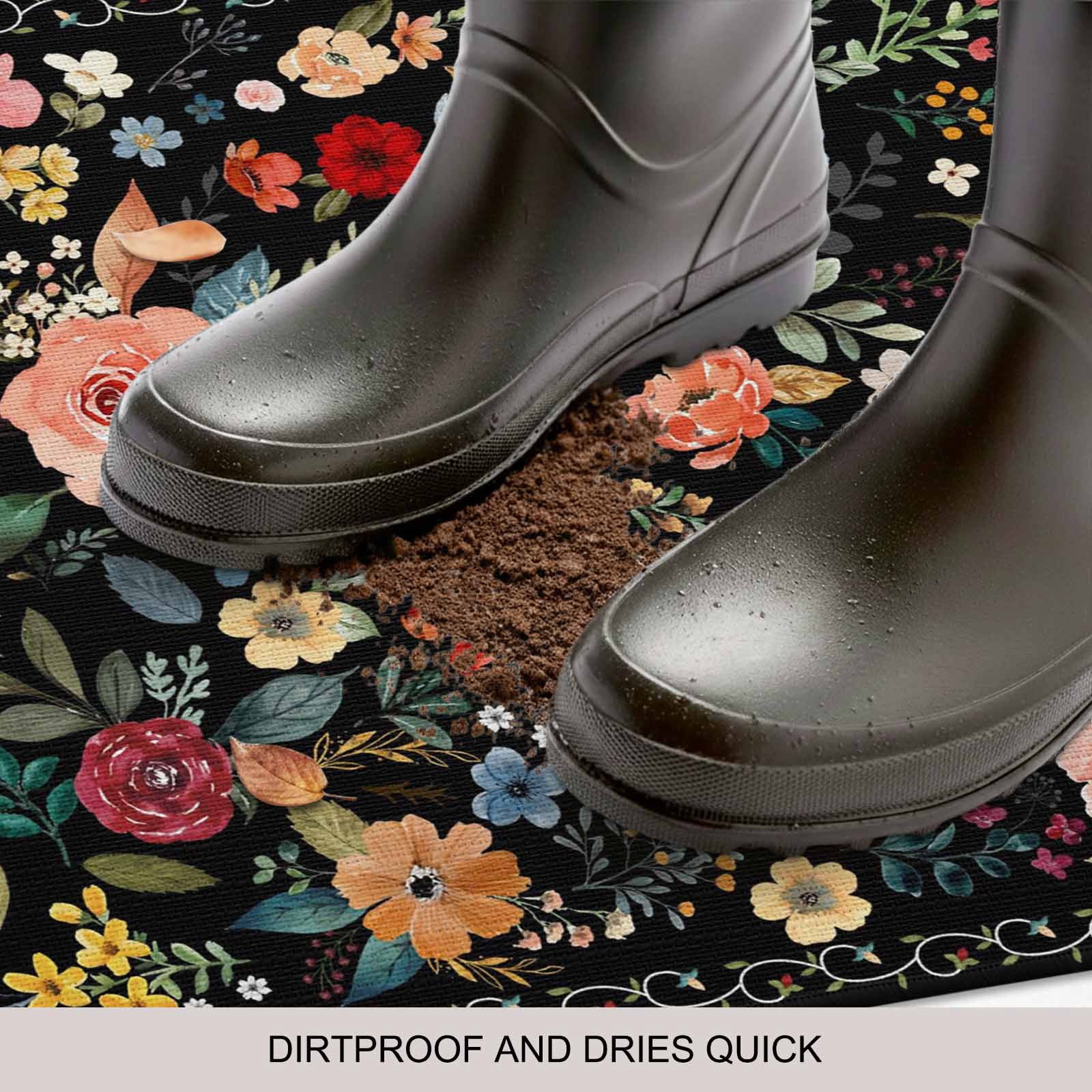 Watercolor Flowers Doormat Outdoor Entrance 18"x30", Farmhouse Floral Vintage Black Absorb Moisture Dirt Door Mats, Non-Slip Rubber Backing Floor Mats Indoor, Low-Profile Front Door Rugs