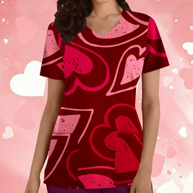 TIMIFIS Blouse d'Uniforme de Travail pour Femmes, Manches Courtes, Col en V, avec Poches - Motif Vin