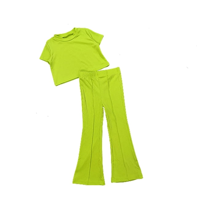 Ropa Para Niñas Bebés Traje Para Niños Pequeños Nuevo Estilo Para Niños Moda Casual Color Sólido Camiseta Pantalones Acampanados Pantalones Traje De Manga Corta Amarillo Odeerbi LM103-7893