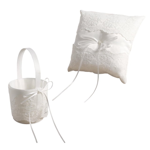 Basket Ring Pillow Set Encaje Perla Blanco para Ceremonia Aniversario Celebraciones Floristas