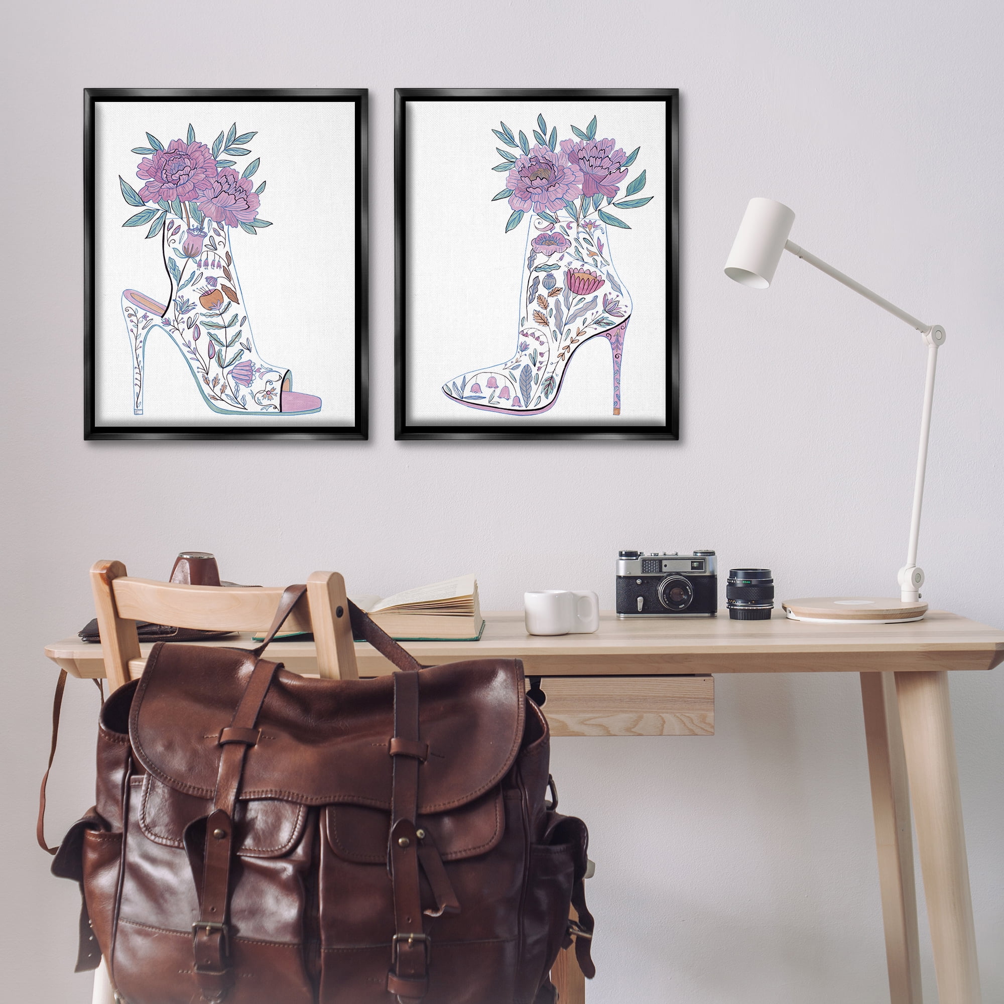 Stupell Industries Floral Stiletto Heel Boots Fashion Painting Black Floater Framed Canvas Art Print Wall Art, 31 x 25, Set of 2