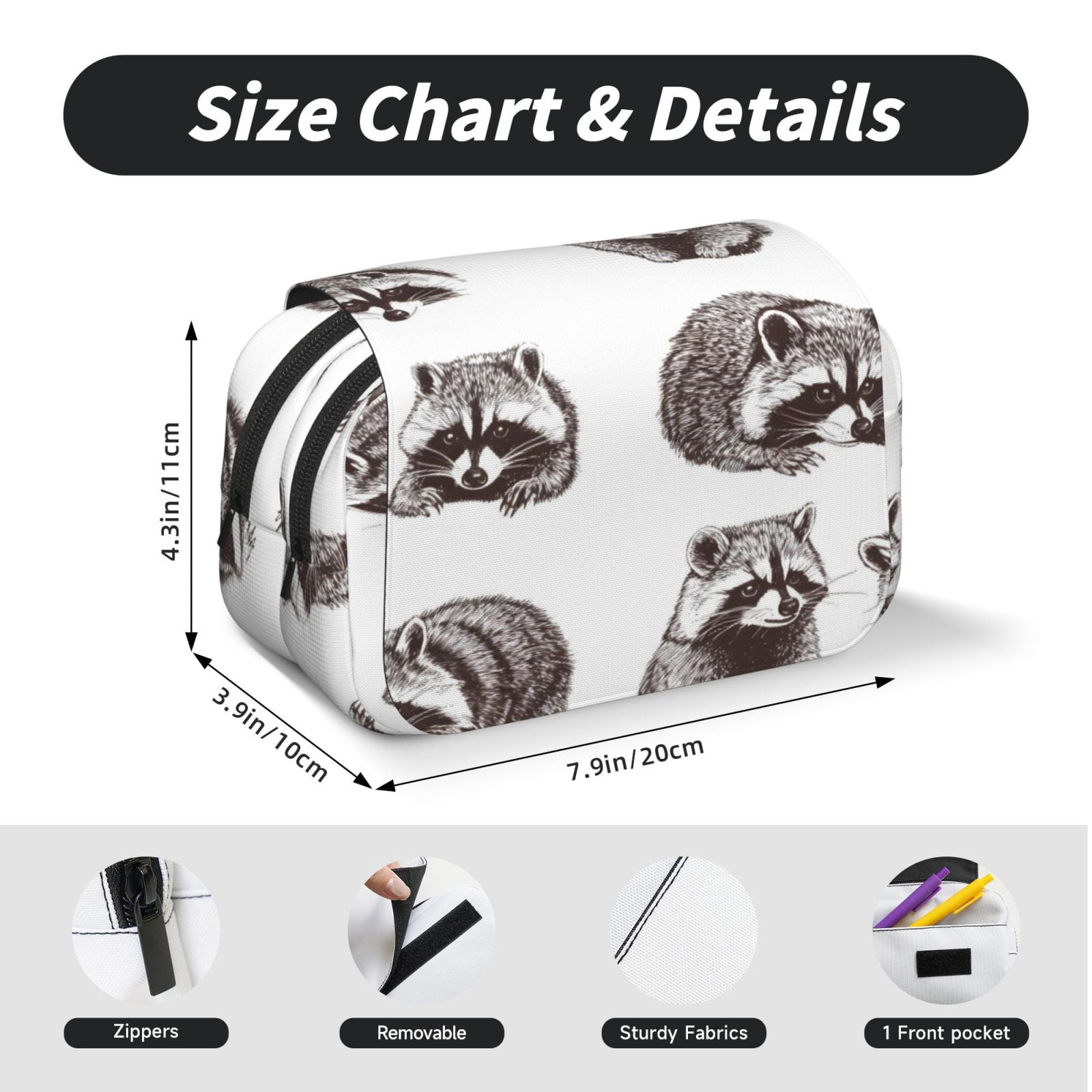 Large-Capacity Flip-Top Double-Layer Pencil Case, Multi-Functional Pocket Pen Case, Durable Stationery Organizer Cute Gray Raccoon