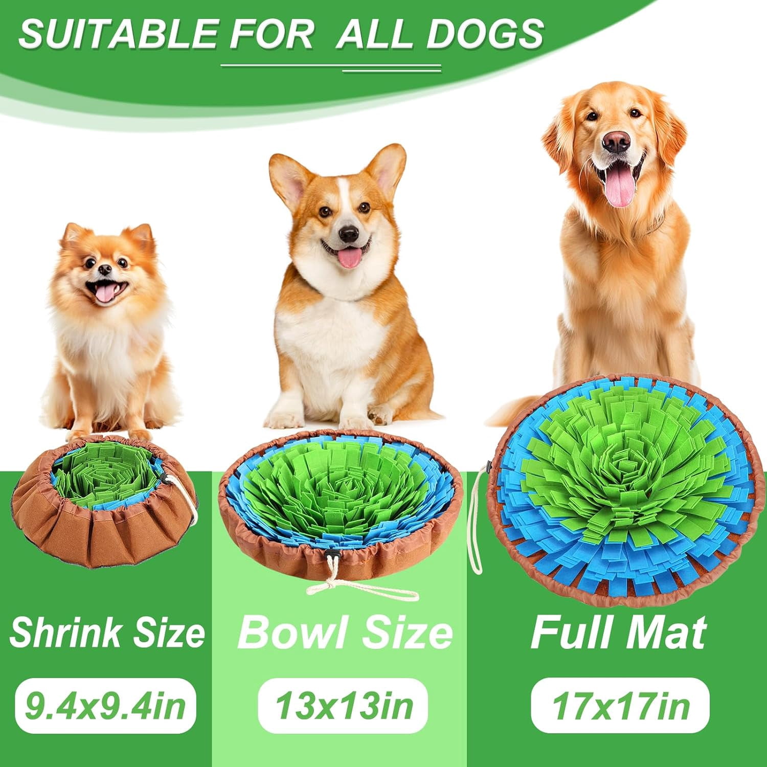 Snuffle Mat for Dogs, Adjustable Nosework Mat for Small, Medium & Large Dogs, Interactive Dog Enrichment Toy for Mental Stimulation & Slow Feeding (Green & Blue)