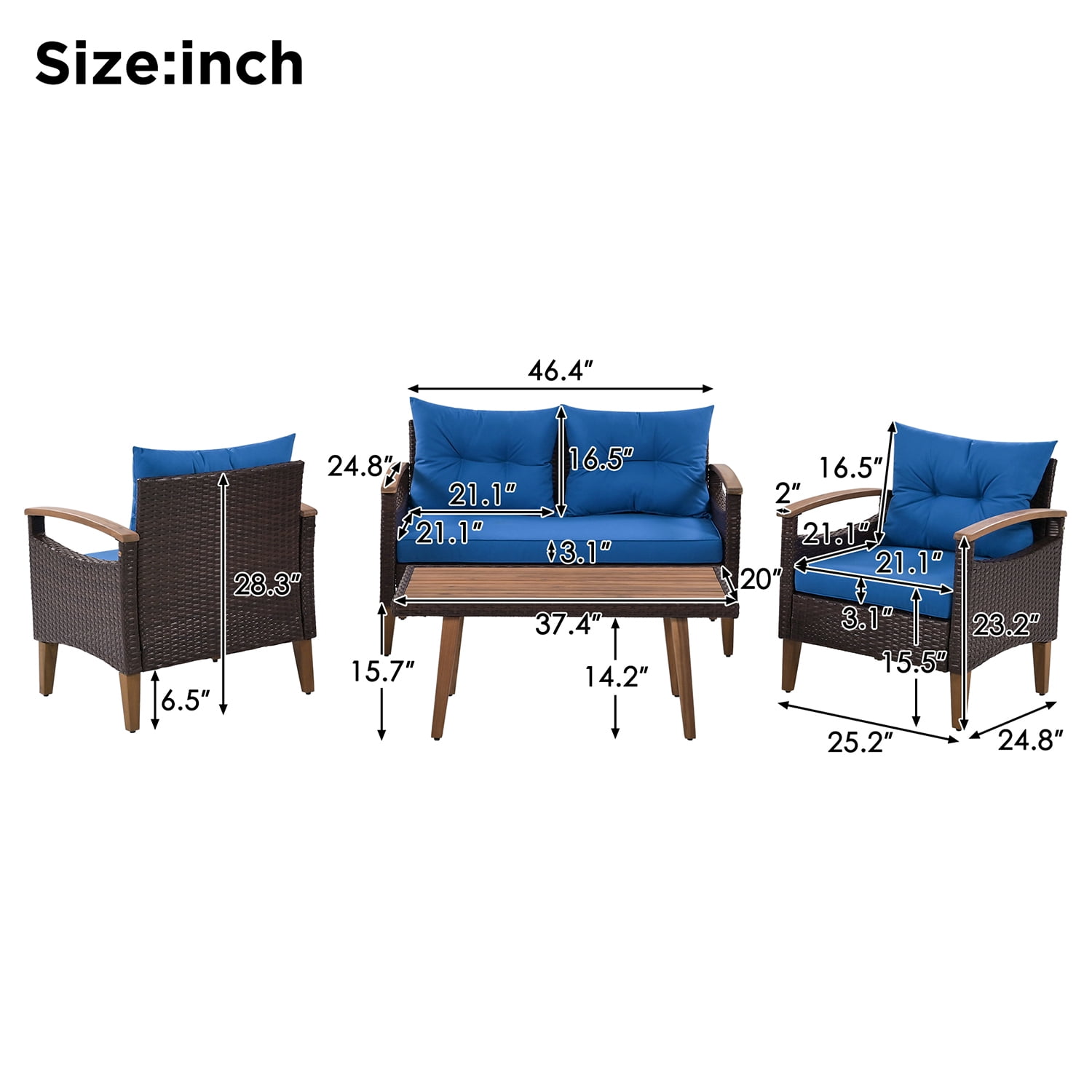 Kadyn 4-Piece Patio Seating Set, Wicker Garden Furniture with Wood Table and Legs, PE Rattan Outdoor Sofa Set for Balcony, Blue Kadyn 4-Piece Patio Seating Set, Wicker Garden Furniture with Wood Table and Legs, PE Rattan Outdoor Sofa Set for Balcony, Blue