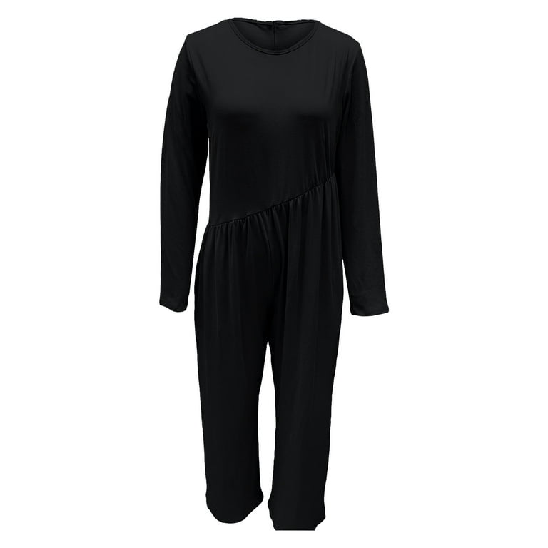 PMUYBHF Long Sleeve Black Jumpsuit with Pockets Women's Solid Color Round  Neck Jumpsuit with Tie Waist and Pockets Formal Jumpsuits for Women Ribbed