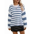 thumbnail image 2 of Womens Striped Sweater Pullover Crewneck Knit Long Sleeve Ribbed Knitted Sweaters Trendy Casual Soft Top Blue M, 2 of 8