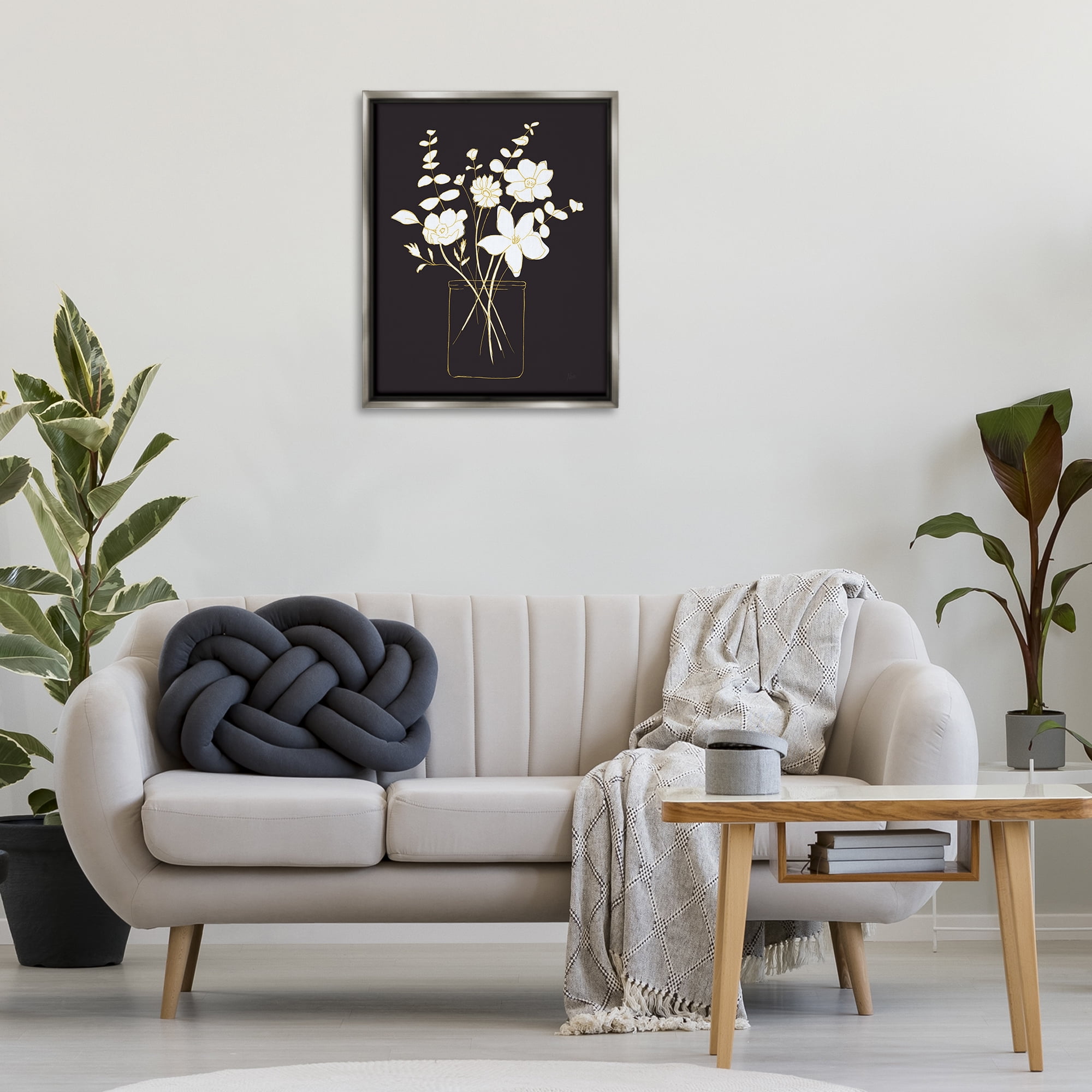 Stupell Industries Classy White Flowers Botanical & Floral Painting Gray Floater Framed Art Print Wall Art, 25 x 31