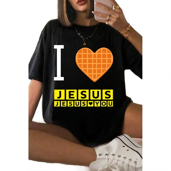 I Love Jesus Waffle Heart T-Shirt – Funny Christian Breakfast Graphic Tee, Casual Unisex Cotton Top, Soft and Comfortable