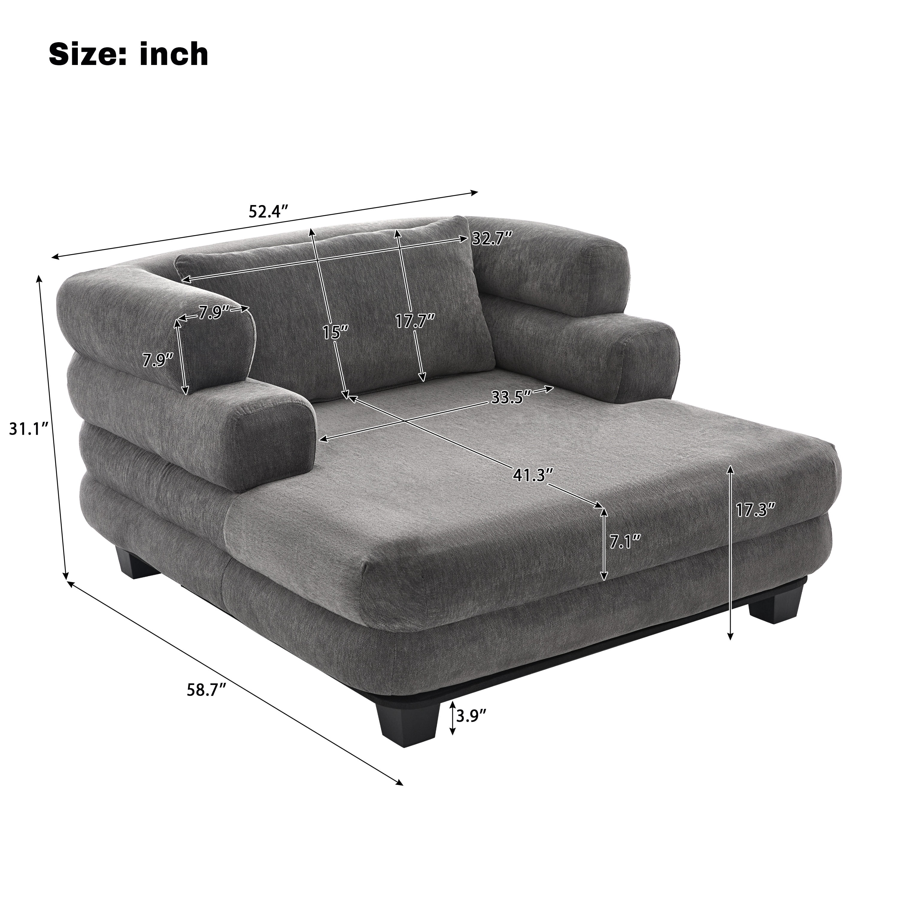 Euroco Oversized Chaise Lounge 52.4" Modern Comfy Lounger Chenille Upholstered Sofa Bed with Deep Seat and Layered Armrests for Living Room or Bedroom, Grey