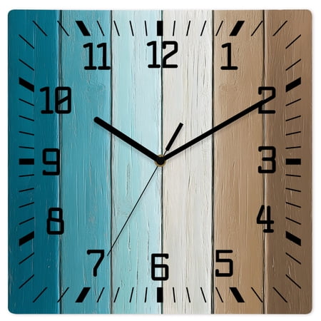 Wall Clock Teal Brown Wood Grain Operated Square Clocks Wooden Silent Non-Ticking Wallclock 12 Inch Farm Wooden Wood Wall Clock for Living Room Bedroom Office Shool Home Decor