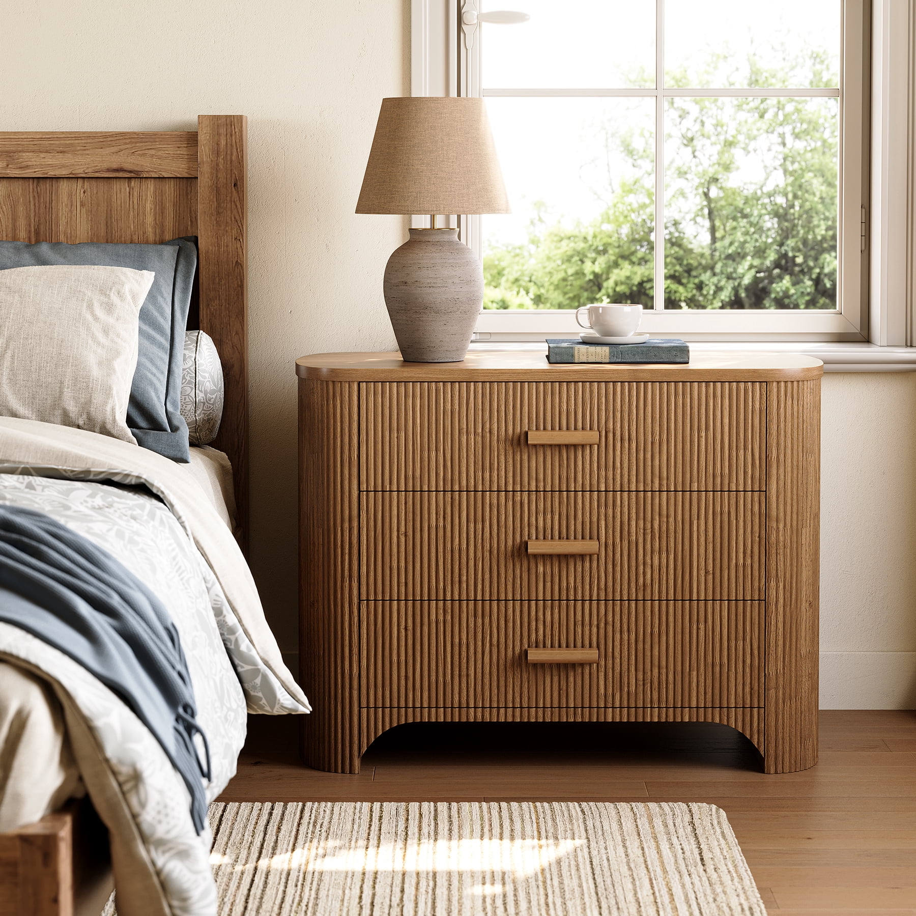 Finmind 31.5" Wide Fluted Nightstands, Oversized 3-Drawer Night Stand, Large Bedside End Table for Bedroom, Living Room