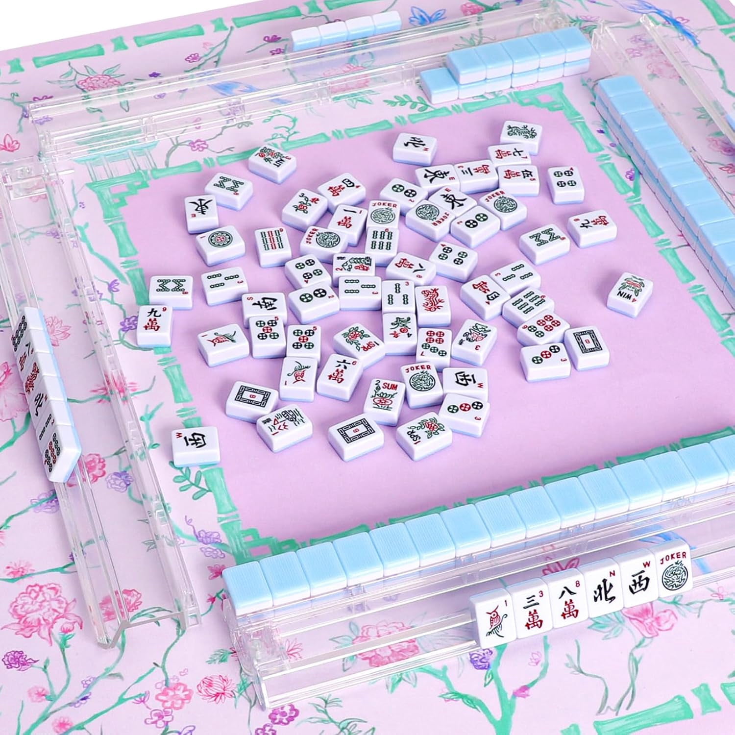 Purple and Green Mahjong Mat (31.5” x 31.5”) with Black Carrying Bag, Anti-Slip, Noise-Reducing Table Cover for Mahjong, Poker, Board Games, Dominoes, and Card Games