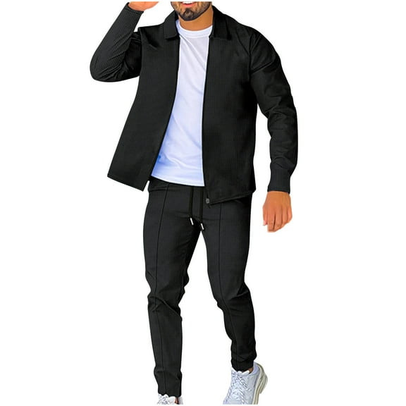 Aueoeo Men's Tracksuits Sweatsuits for Men 2 Piece Casual Athletic Full Zip Textured Jacket Jogging Warm Up Sets Black L