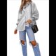 thumbnail image 2 of Blusa Estilo Boyfriend A Rayas con Puños Fruncidos para Mujer, Estilo Túnica Informal con Mangas con Volantes y Bolsillos, Rayas Grises, Talla XL, 2 of 7