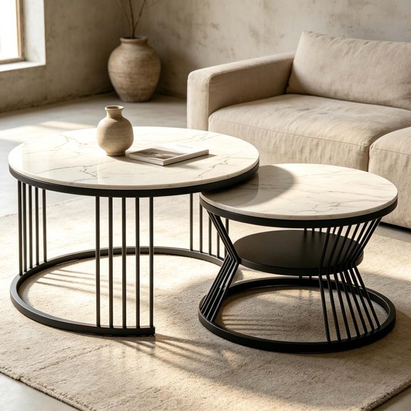 Kumamart Classic Nesting Coffee Table Set, All Match Round Marble Table With Metal Frame For Home