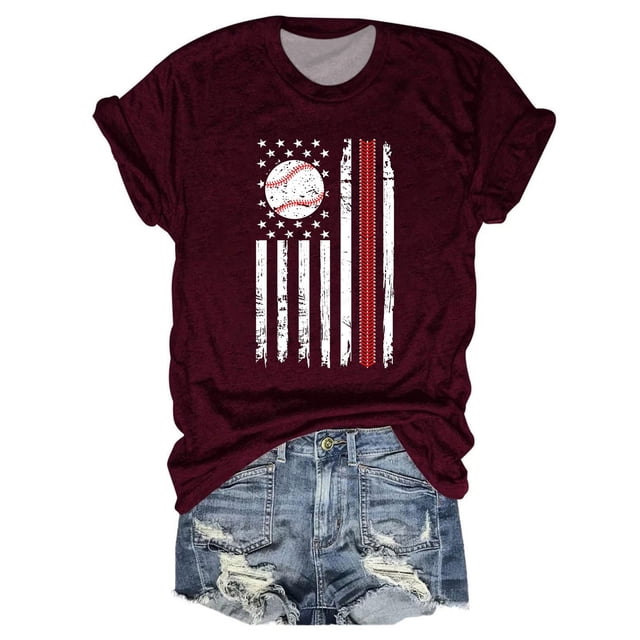 Hauts d'Été pour Femmes, 2024 Blouses Décontractées Chic pour l'Entraînement T-Shirts T-Shirts pour Femmes à Imprimé Baseball Col Rond Multicolore Multi Tailles Été Manches Courtes Rouge